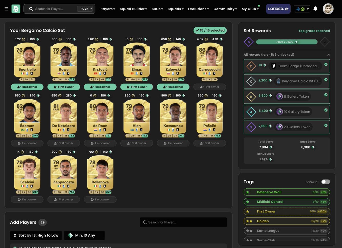 FUTBIN's tweet photo. 👀 Bergamo Calcio can be S-Tiered if you've packed 5 of their players!

The First Owner % boost on any 5 Gold players is enough to take you to S-Tier for 38 Tokens! 🫡 https://t.co/P3CGPBJgva