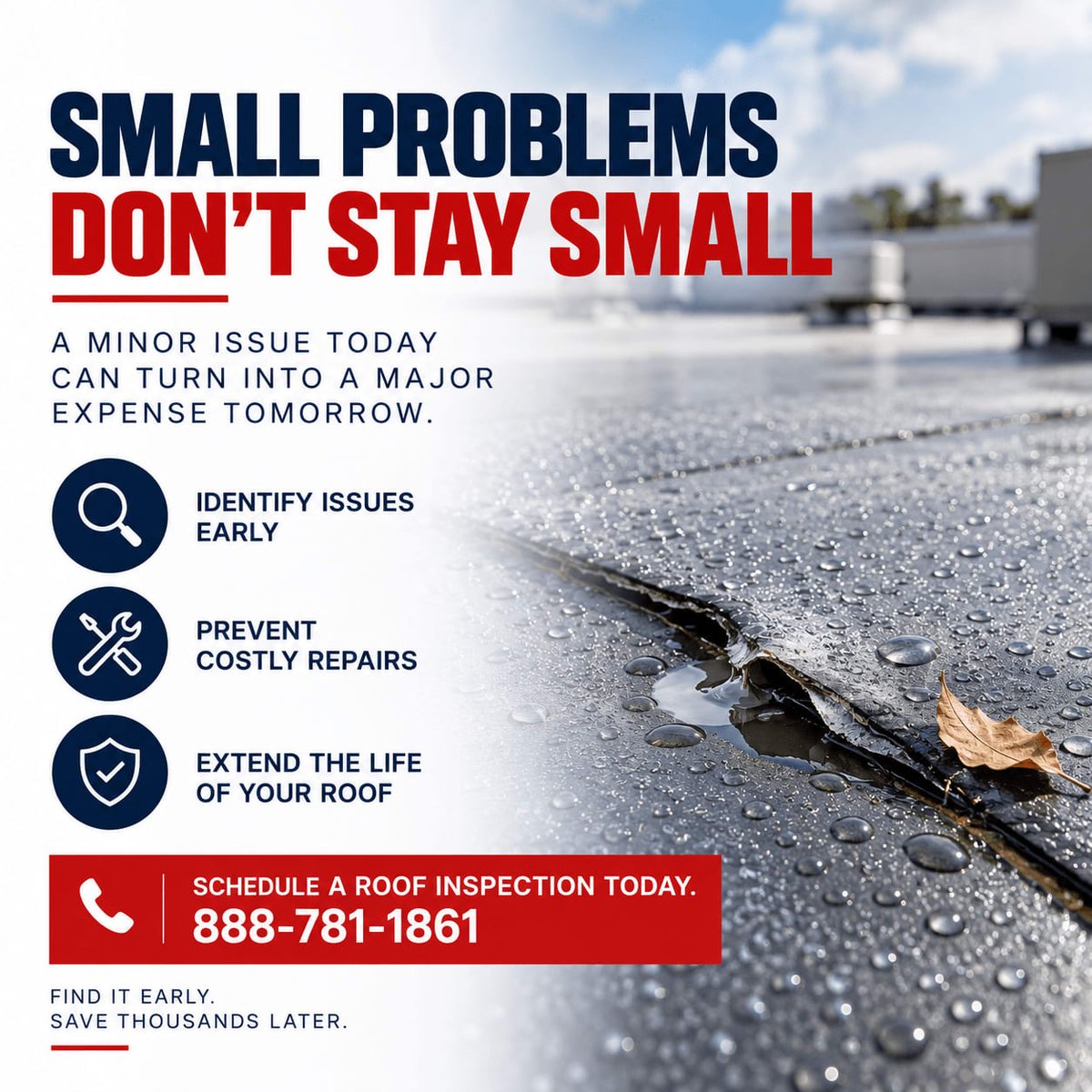 DCIRoofing's tweet photo. Small roof problems donโt stay small.๐Minor damage can quickly turn into leaks, costly repairs, and unexpected disruptions. #CommercialRoofing #RoofMaintenance #RoofInspection #PreventativeMaintenance #CommercialRoofRepair #FacilityManagement #PropertyManagement #DCIConstruction https://t.co/1Ftznx34HV