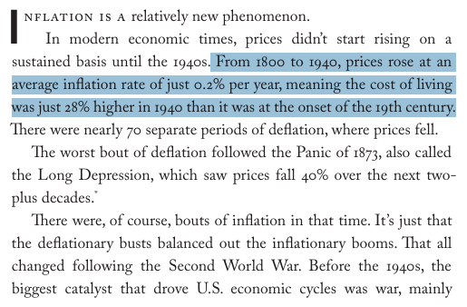 awealthofcs's tweet photo. Crazy but true stat of the day:

From 1800 to 1940 the annual inflation rate was just 0.2% per year

Prices were just 28% higher in a 140 year time frame

Since 1940 it's 3.7% annually or >2,200% in total

https://t.co/J4QeSCkhrY https://t.co/sZCO9c0rDo