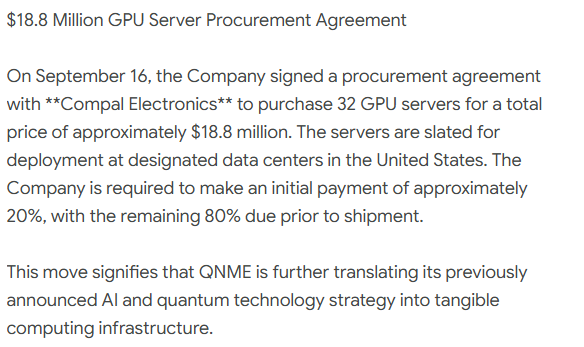 jaehughess's tweet photo. $QNME 👀

QNME is suddenly on the radar.

🔥 $18.8M GPU server purchase agreement
🤖 AI + Quantum Computing pivot
⚡ Massive volume hitting the tape
📈 New corporate identity + strategic expansion
Small-cap + AI infrastructure + huge volume = definitely one to watch.
$QNME #AI #QuantumComputing #GPU #Stocks #Nasdaq