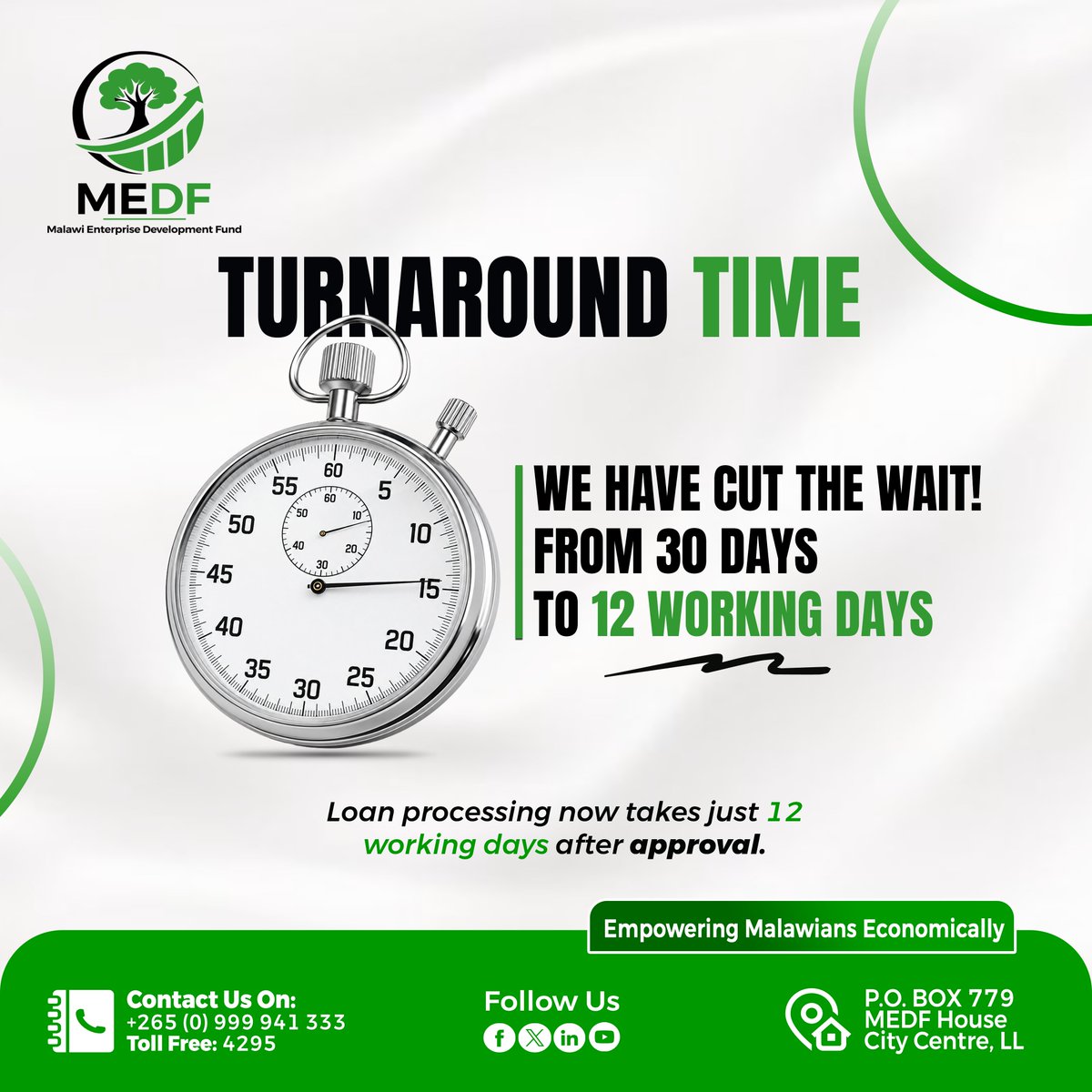 MEDF_MW's tweet photo. 𝐆𝐨𝐨𝐝 𝐍𝐞𝐰𝐬👇

𝐖𝐄'𝐕𝐄 𝐂𝐔𝐓 𝐓𝐇𝐄 𝐖𝐀𝐈𝐓!
FROM 30 DAYS ❌
TO 12 WORKING DAYS ✅

👉Your 𝐚𝐩𝐩𝐫𝐨𝐯𝐞𝐝 𝐌𝐄𝐃𝐅 𝐥𝐨𝐚𝐧 can now be processed within 𝟏𝟐 𝐰𝐨𝐫𝐤𝐢𝐧𝐠 𝐝𝐚𝐲𝐬.

#LoanTurnaroundTime
#MEDF #EmpoweringMalawiansEconomically https://t.co/iGSrVZXjdQ