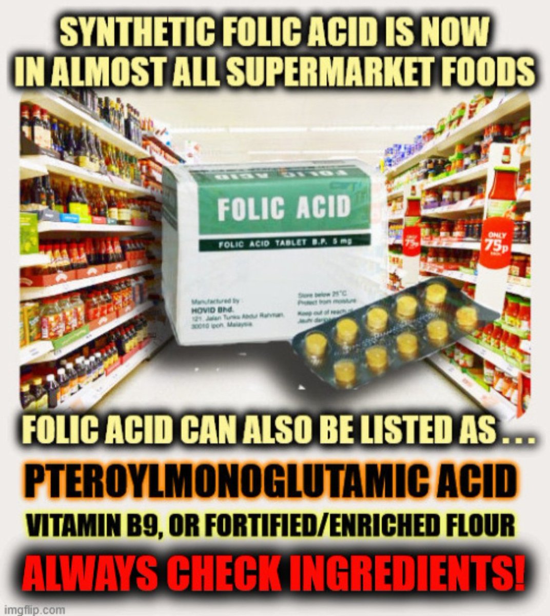 mssuzcatsilver's tweet photo. The idea of mass medicating an entire population is a deeply concerning issue for many of us, including myself. I care deeply about this issue because it affects over 12 million people in the UK who have cancer, stents, low vitamin B12, are on medications such as aspirin, lithium, sulfasalazine, undergo kidney dialysis, or suffer from epilepsy. These individuals need to avoid exposure to synthetic folic acid due to potential detrimental health impacts.