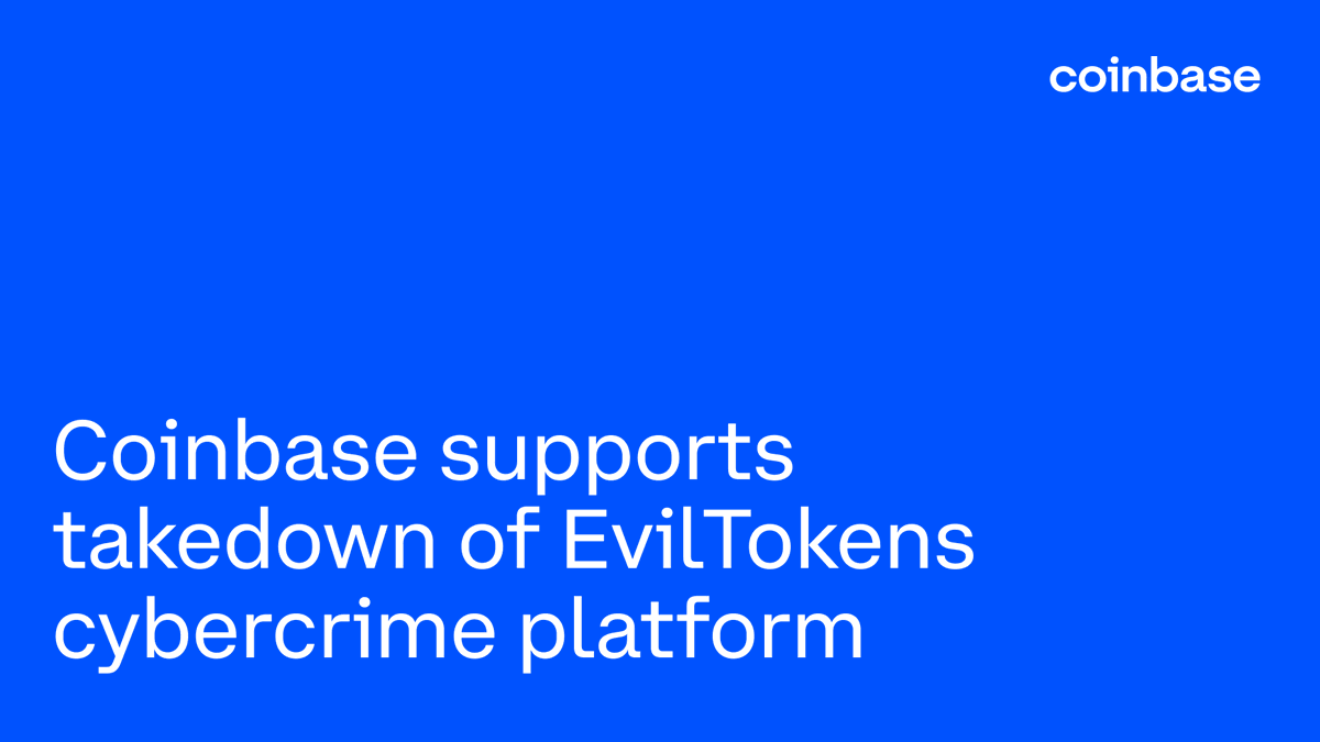 coinbase's tweet photo. We partnered with Microsoft to disrupt EvilTokens, an AI-powered cybercrime platform.

Our team joined a global effort to dismantle its operations - investigating infrastructure, taking down domains, and helping police arrest its operators.

Say goodbye to another major cybercrime operation.