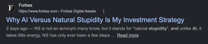NazayoshiQuant's tweet photo. I believe this is the Inu of Solana. Artificial Inu is Robinhood's biggest coin. But Solana is constantly being meme'd about how the stupidest coins run.  

We need to lean into it. Forbes just wrote an article on the acronym "NS" for Natural Stupidity. AI is smart. Humans are stupid. As above, so below. $NS

https://t.co/d4Z6CjXNRi