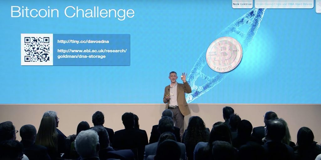 DocumentingBTC's tweet photo. A bitcoin prize was encrypted into human DNA 

DNA, the building blocks and foundational structure of life itself, can store computer data by translating information into sequences of its four chemical letters. 

In January of 2015, geneticist Nick Goldman distributed tubes of synthetic DNA at Davos. The encoded files included the private key to 1 bitcoin.

Participants had three years to sequence the DNA and recover it. Belgian doctoral student Sander Wuyts solved the challenge shortly before the January 2018 deadline. 

His first attempts failed because of an erroneous line in his decoding program, but removing it produced the files and the spendable key.