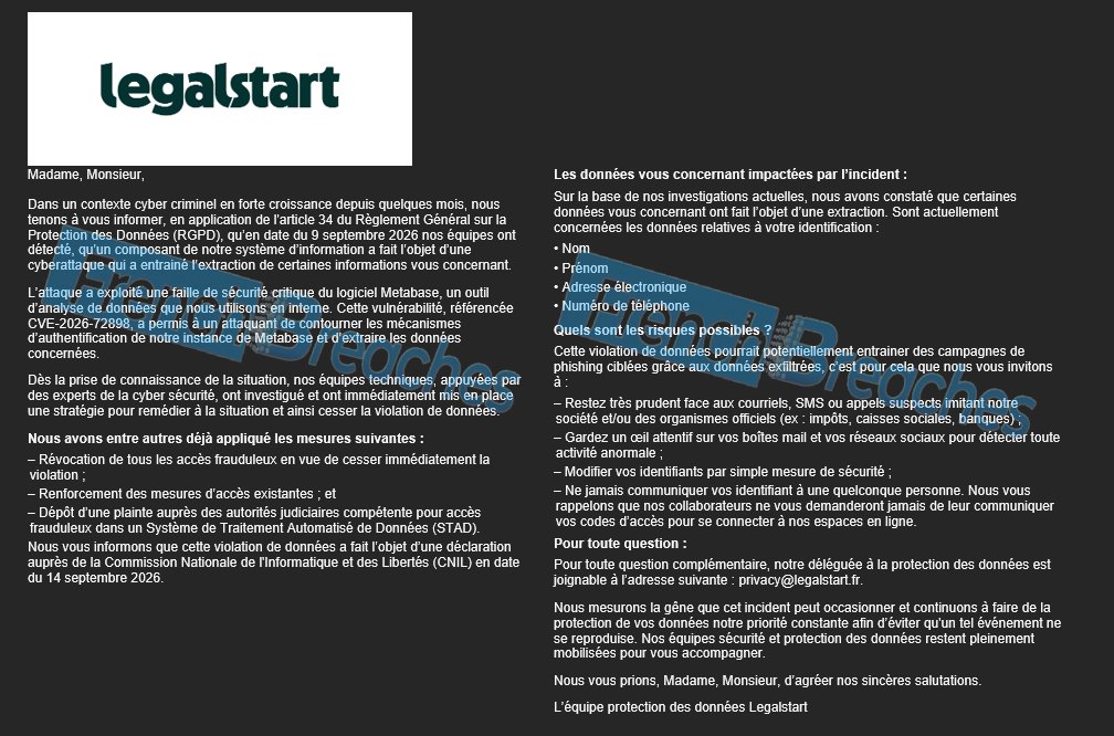 seblatombe's tweet photo. 🔴 Legalstart victime d’un piratage confirmé : des données personnelles ont été dérobées.

La plateforme de services juridiques en ligne indique que les noms, prénoms, adresses e-mail et numéros de téléphone des personnes concernées ont été exposés.

L’attaque a exploité une faille critique de Metabase. L’incident a été détecté le 9 septembre et notifié à la CNIL.