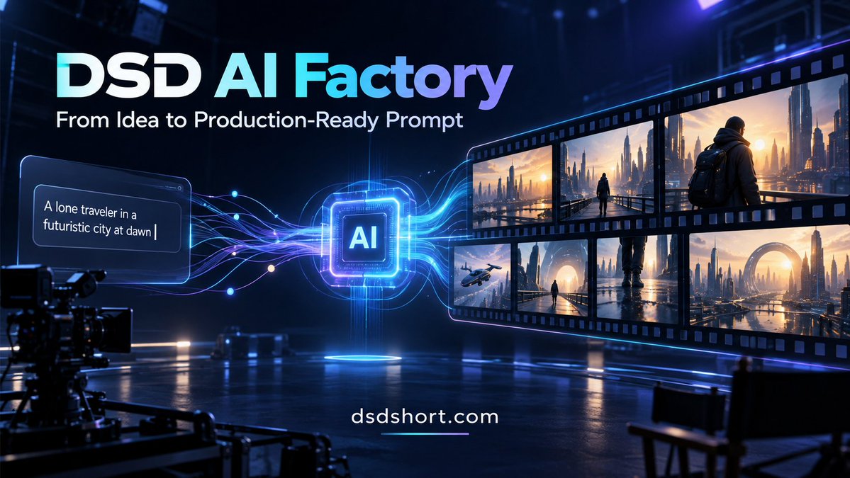 DSDAIFactory's tweet photo. 🚀 DSD AI Factory 正式入驻 X！

让一个简单的画面想法，快速变成结构完整、可直接用于视频生成的专业提示词。

✨ 智能提示词优化
🎭 角色一致性创作
🖼️ AI图片生成与精准编辑
🎬 AI视频生成、编辑与续写
📚 剧本创作与一键分镜
让AI短剧创作更简单、更高效、更专业。
🌐 https://t.co/yS636q01aA https://t.co/eCbuyRQHXG