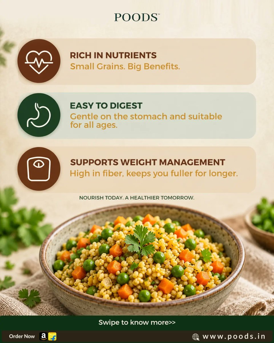poodswellness's tweet photo. 🌾 Small Grains. Big Benefits.  Adding millets to your daily diet is a simple way to make your meals more wholesome. Rich in essential nutrients and fibre, millets can support digestion, healthy weight management, immunity and heart health.  

#Millets #MilletFlour #RagiFlour https://t.co/WMVy8NTiSp