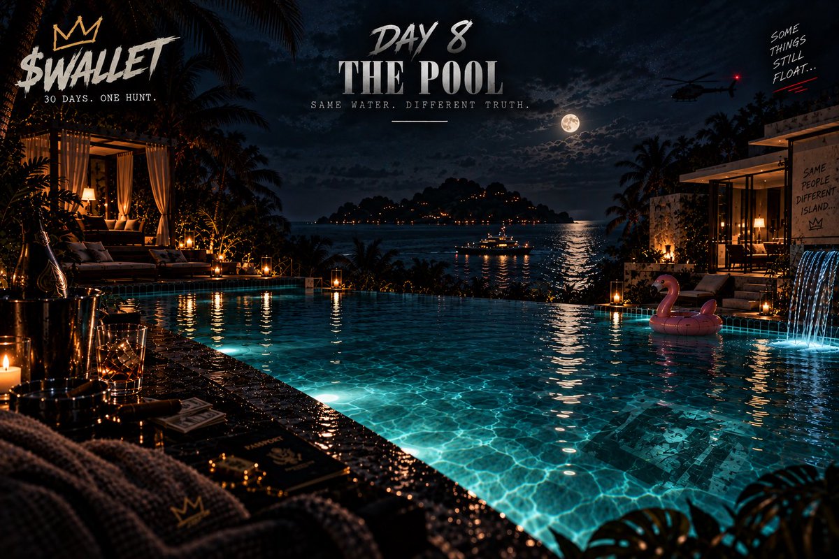 bryskyn17's tweet photo. 🗝️ DAY 8 // THE POOL

Y’all thought we were done with Day 8? 😂

CLUE #2 IS HERE.

We took our time with this one because I want y’all actually looking instead of just waiting for the next post.

Go back to the pool image. Look at the things that don’t immediately belong.
Something is sitting there for a reason.

Don’t ask what it is first.
Ask why it’s there. 👀

No answers. No shortcuts.

Drop what you find in the War Room or Telegram.

$WALLET 🗝️
DAY 8 // THE POOL
30 DAYS. ONE HUNT. 🔥