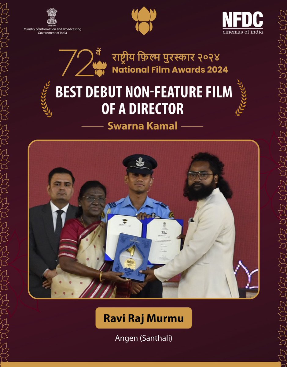nfdcindia's tweet photo. Ravi Raj Murmu receives the Best Debut Non-Feature Film of a Director Award for Angen. The Santhali film marks a National Film Awards recognition for his directorial debut.
#NFDC #72ndNationalFilmAwards #BestDebutDirector #Angen #SanthaliCinema https://t.co/jgGGx8mvC5
