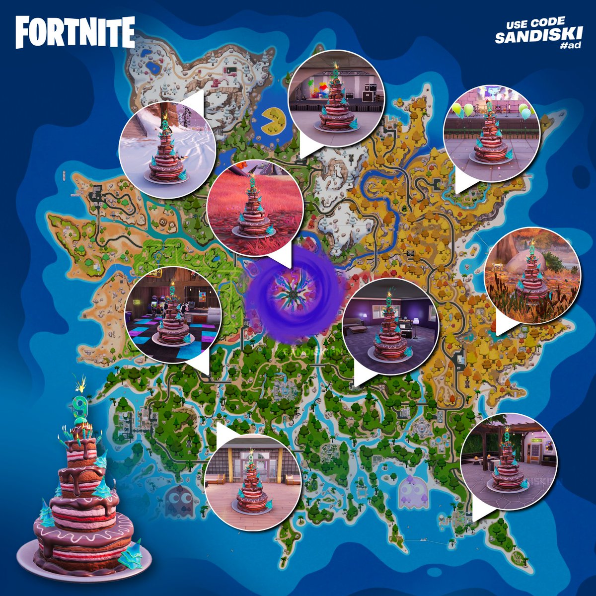 sandiskifn's tweet photo. 🎂 Localizações dos Bolos do 9° aniversário do Fortnite! https://t.co/FZArwfMM2t