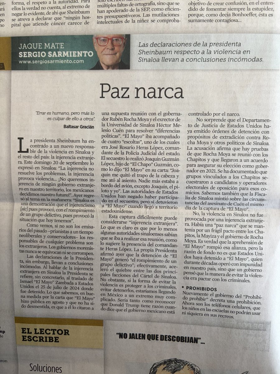 ferbelaunzaran's tweet photo. Lean a @SergioSarmiento, buena columna:

Paz narca

“…la razón de fondo no es que Estados Unidos haya detenido a ‘El Mayo’, quien durante décadas operó con impunidad en nuestro país, sino que un gobierno pensó que la manera de evitar la violencia era pactar con los criminales”. https://t.co/Ojn9IHSItL