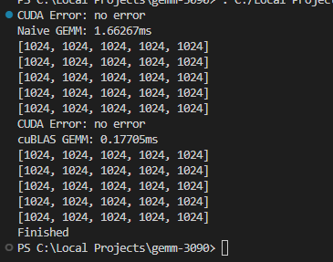 h00recki's tweet photo. i wrote naive gemm vs cublas and got smoked by a factor of 10x

now im getting into the tiled version, will see https://t.co/RpzkHliyEA