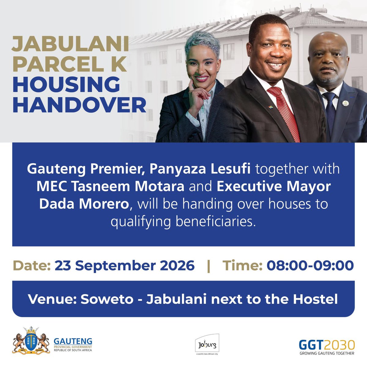 DadaMorero's tweet photo. Tomorrow, together with Gauteng Premier Panyaza Lesufi and MEC for Human Settlement Tasneem Motara, we’ll place keys into the hands of families whose dream of homeownership is becoming a reality at Jabulani Parcel K in Soweto. Every key handed over is a reminder that service delivery is about changing lives, one family at a time.