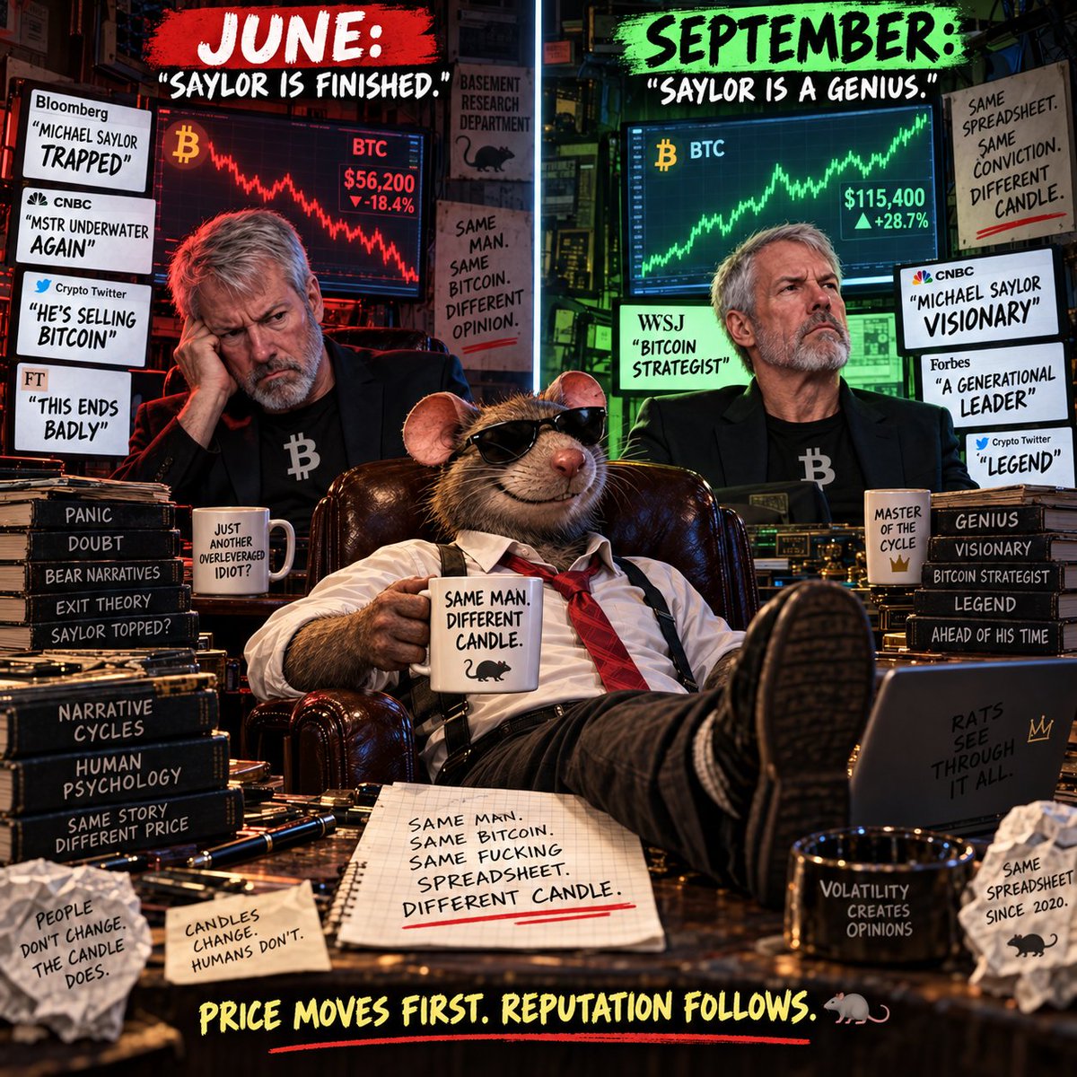 QuantRatSOL's tweet photo. June:
“Saylor is trapped.”
“Strategy is underwater.”
“he’s selling Bitcoin.”
“this ends badly.”
September:
BTC goes back above his average cost.
“visionary.”
“genius.”
“billionaire Bitcoin strategist.”
same man.
same Bitcoin.
same fucking spreadsheet.
different candle.
the quant rat has reviewed human psychology:
price moves first.
reputation follows.
🐀