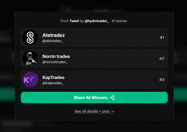 hydrotradez_'s tweet photo. GIVEAWAY RESULTS 🏆 .

we have our winners:

🥇 @atetradez  
🥈 @khotrohan11   
🥉 @kaptrades_   

Congratulations to all 3 winners! 📷 

Kindly rush to their discord to claim your account.  

Appreciate everyone who participated. 

More giveaways coming soon. 🎉 https://t.co/ruVdasPNSE
