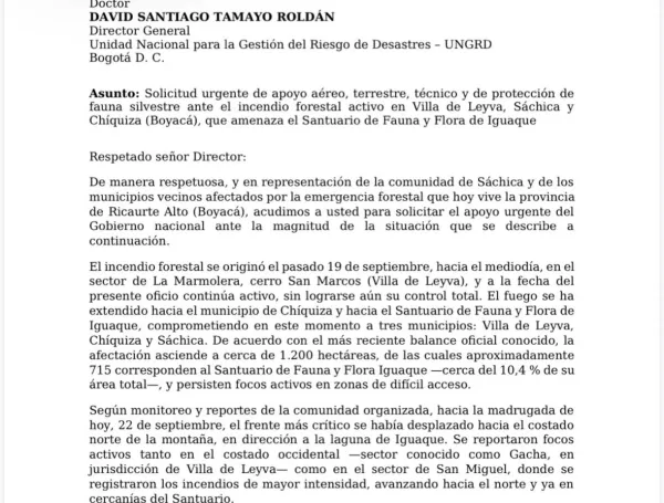 ELTIEMPO's tweet photo. 🚨🔴Sáchica pide apoyo urgente de la UNGRD para proteger el Santuario de Iguaque

La comunidad de Sáchica pidió con urgencia al director de la UNGRD, David Tamayo, reforzar la atención del incendio forestal con apoyo aéreo, terrestre y técnico. 

La emergencia afecta a Villa de Leyva, Chíquiza y Sáchica y representa una amenaza para el Santuario de Fauna y Flora Iguaque.

Siga el desarollo de esta emergencia: https://t.co/CjlGXS8Qeg