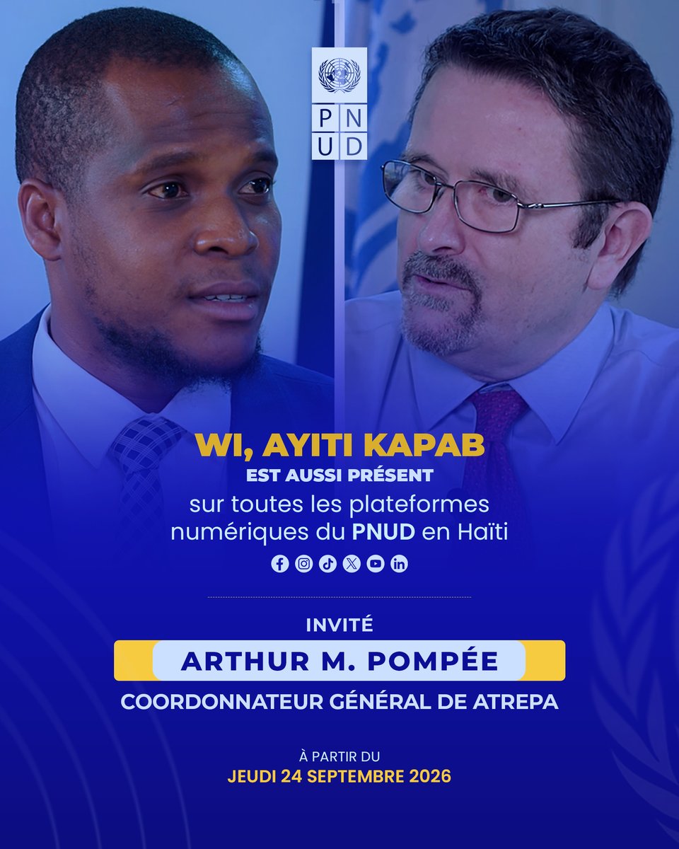 undphaiti's tweet photo. LE RELÈVEMENT N’ATTEND PAS LA FIN DE LA CRISE

Wi, Ayiti Kapab reçoit Arthur Martin Pompée d’ATREPA pour parler déplacement, relèvement économique, inclusion financière, entrepreneuriat et rôle essentiel des femmes.
À suivre sur @metropoleHT, @TNH08 et YouTube de Wi, Ayiti Kapab https://t.co/fAywPpP4fe