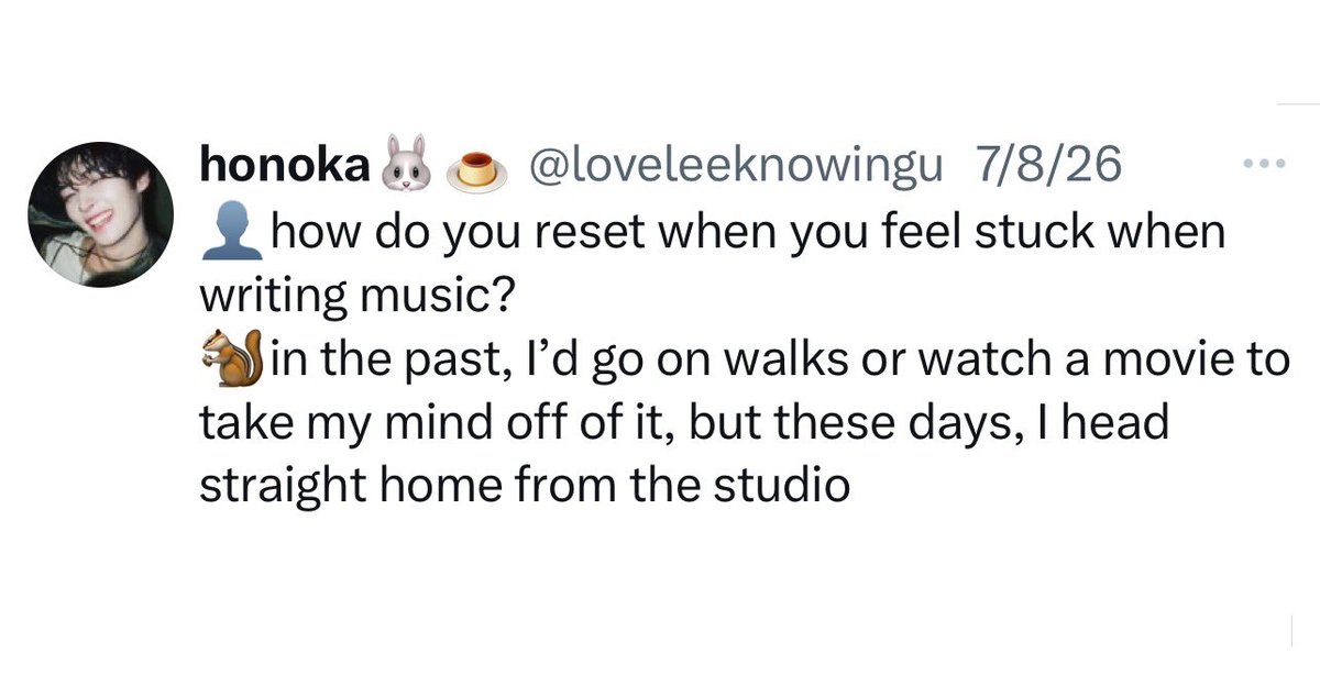 Iinosji's tweet photo. #mmotd (miso moment of the day)
when the question was “how do you reset when you feel stuck writing music?” and jisung said that before it used to be going on walks or movies but these days to take his mind off things he just likes going straight home from the studio https://t.co/S99LZ7awCV
