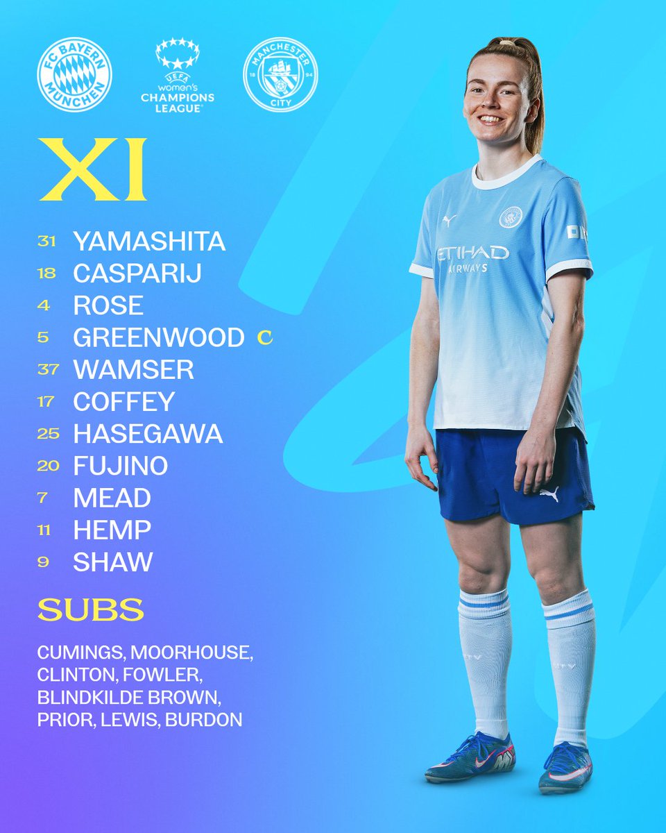 ManCityWomen's tweet photo. Your City side to take on Bayern Munich in the #UWCL 🩵

XI | Yamashita, Casparij, Rose, Greenwood (C), Wamser, Coffey, Hasegawa, Fujino, Mead, Hemp, Shaw

SUBS | Cumings, Moorhouse, Clinton, Fowler, Blindkilde Brown, Prior, Lewis, Burdon https://t.co/TiEIyJNRNg