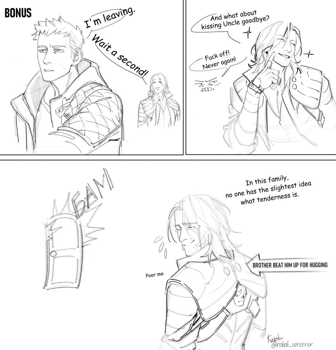 robot_sorcerer's tweet photo. Youngsters set out to make the old man blush on camera, but Dante's defenses aren't so easily broken!
In the end, only Nero (and Uncle’s sensitive soul) suffered
#DevilMayCry #DMC #Dante #Nero #Vergil https://t.co/RTQzyTzMhY
