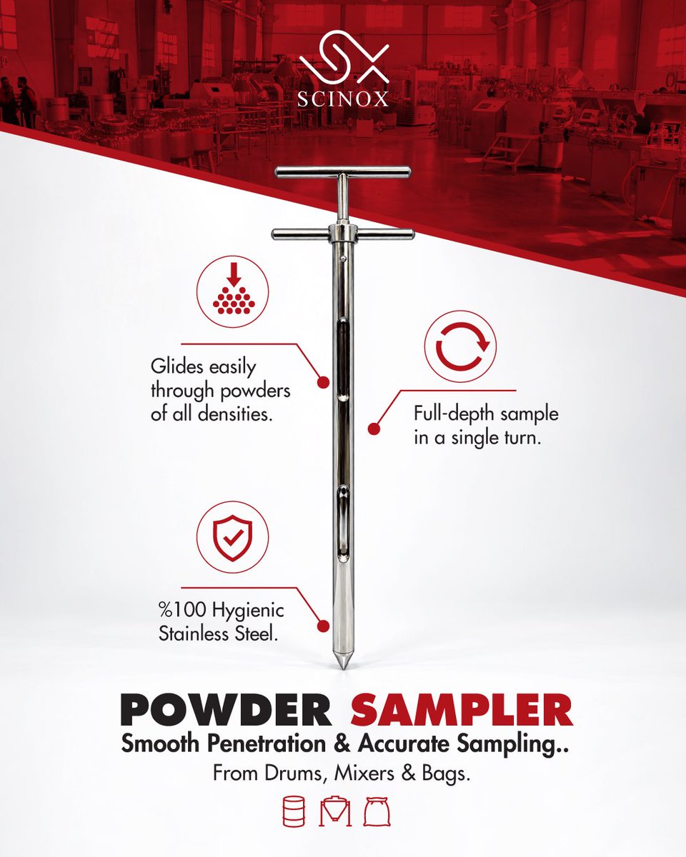Scinox_solution's tweet photo. Uniform &amp; Accurate Multi-Depth Sampling.. With Zero Resistance

In pharmaceutical, food, and chemical manufacturing, obtaining representative samples from dry powders and granular materials is vital for strict quality control
#SCINOX #PowderSampler #MultiZoneSampler https://t.co/AxY6ISdkOY