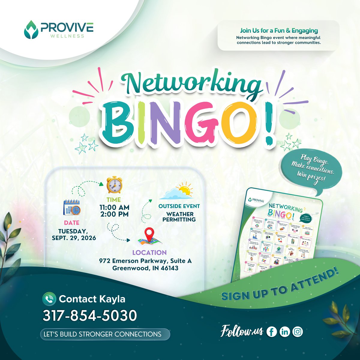 ProviveWellness's tweet photo. One week left. 
Networking Bingo — Tues, Sept 29, 11AM-2PM at 972 Emerson Pkwy, Greenwood IN. 
Play bingo, make connections, win prizes. 
Sign up: call Kayla 317-854-5030 
#ProviveWellness https://t.co/KO0zszDt7p