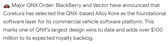 jaehughess's tweet photo. $BB BlackBerry is back on the radar 👀

QNX just landed a major commercial vehicle design win with Coretura, adding $100M+ in expected royalty backlog.

Then comes the big catalyst: Q2 FY2027 earnings on Sept. 24.

QNX + SDV + Physical AI = a story worth watching. 🚀

#BB #BlackBerry #QNX #AI #Stocks