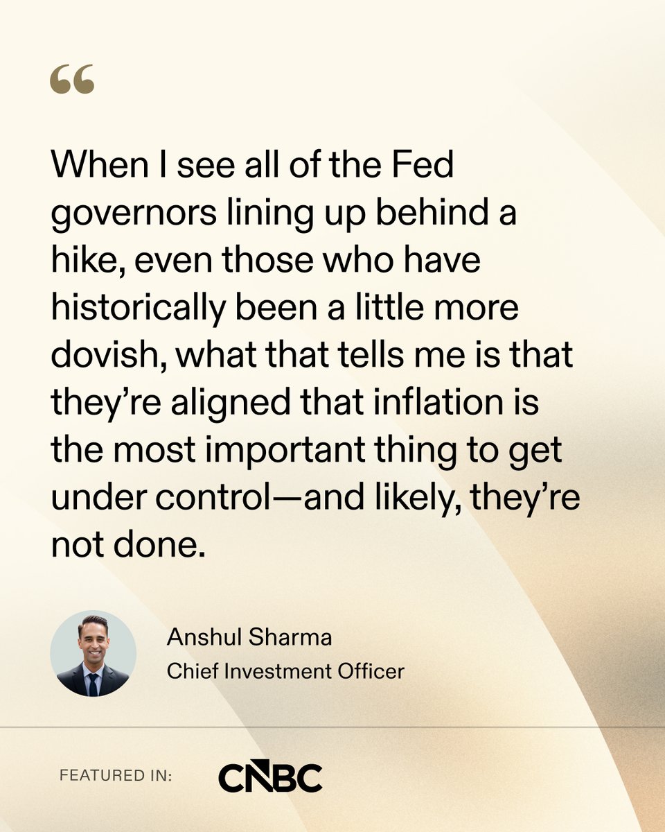SavvyWealthInc's tweet photo. Our CIO Anshul Sharma was quoted in CNBC sharing his insights on the latest Fed rate decision and why advisors should be prepared for a “higher for longer” environment as policymakers continue to focus on inflation.

Read on for more from Anshul.
https://t.co/LAQj0eyJg0 https://t.co/C5BpF2bBSW