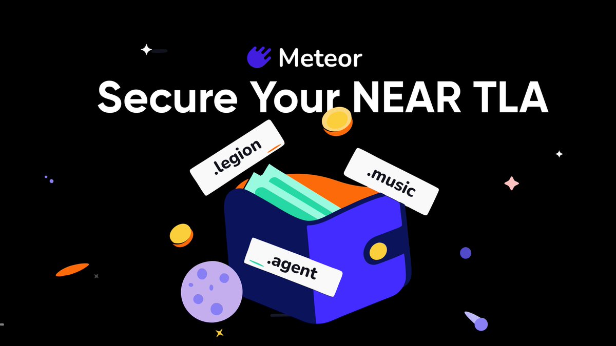 MeteorWallet's tweet photo. Top-level account (TLA) is the root of a NEAR name - the suffix after the dot.

.near has been the default. 

The launch of https://t.co/Gion1478G6 adds new roots: .art, .agent, .legion, .music, and many others.

You can have one name that apps, agents, and people all recognize directly in meteor app

Access on Meteor Explore! 
.meteor coming soon ☄️