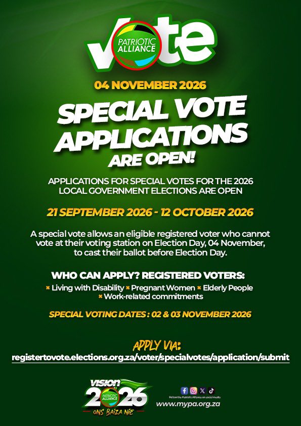 OnsBaizaNie's tweet photo. π’SPECIAL VOTE APPLICATIONS ARE OPEN!
Registered voters who cannot vote on 4 November can apply for a special vote.
π
Apply: 21 Septβ12 Oct
π³οΈ Vote: 2β3 Nov
Apply: https://t.co/ieYE3tBOKB
#OnsBaizaNie #Vision2026 #MaakToe https://t.co/TgemPBy7eO
