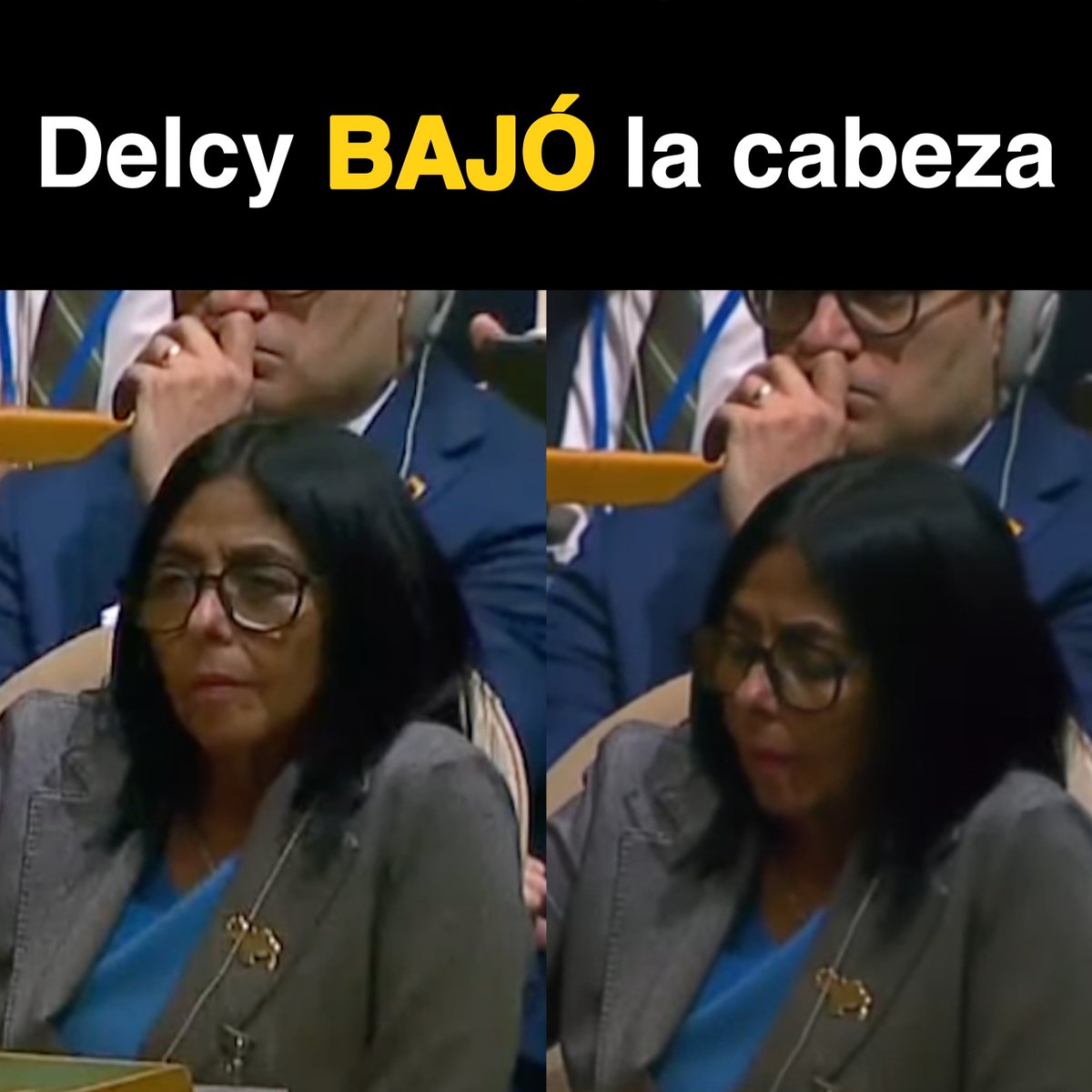 DonRRanDom's tweet photo. ⚠️ ATENCIÓN:

La imagen que la da la vuelta al Mundo

Cuando el Presidente @POTUS hablaba de que a EE.UU le pertenece los despojos, luego de haber sustraído al Dictador Nicolás Maduro

La ilegítima Comunista @delcyrodriguezv hizo algo que da vergüenza ajena:

BAJÓ LA CABEZA https://t.co/92TnMdZOoD