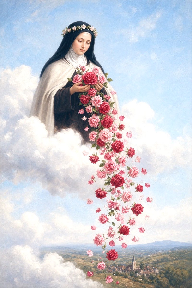 RosaryMum's tweet photo. Saint Thérèse of the Child Jesus, remember your promise to do good on earth; send your shower of roses in abundance on those who call upon you, and obtain for us from God the graces we are waiting to receive from His infinite goodness. https://t.co/vazOyxGfHm