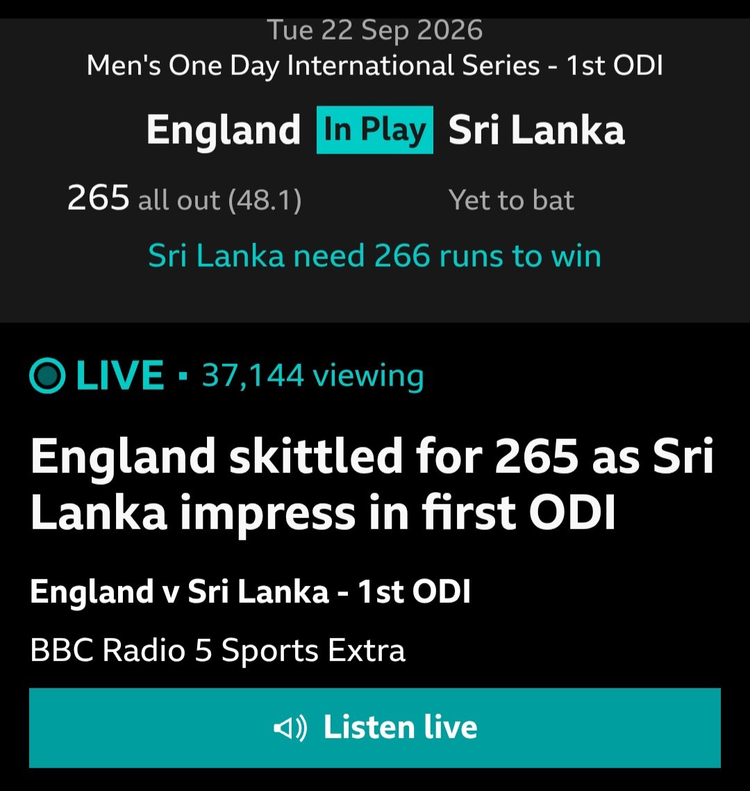 DavidFisherFolk's tweet photo. I'm not accepting 265 as being low enough of a total to count as a skittling. But what is? Sub-200 for an ODI?

#bbccricket #cricket #ENGvSRI #ODI https://t.co/9y3zT1WLbJ
