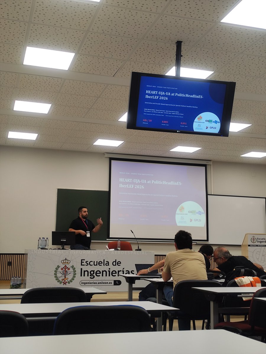 NLP_SINAI's tweet photo. 📰 Today at @iberlef #IberLEF2026, @AdrianMorenoM_ presented HEART-UJA-UA at PoliticHeadlinES-IberLEF 2026: Generative and Encoder-Based Approaches for Spanish Political Headline Ranking.
The work was developed for the PoliticHeadlinES shared task. https://t.co/qBWMSooDBs
