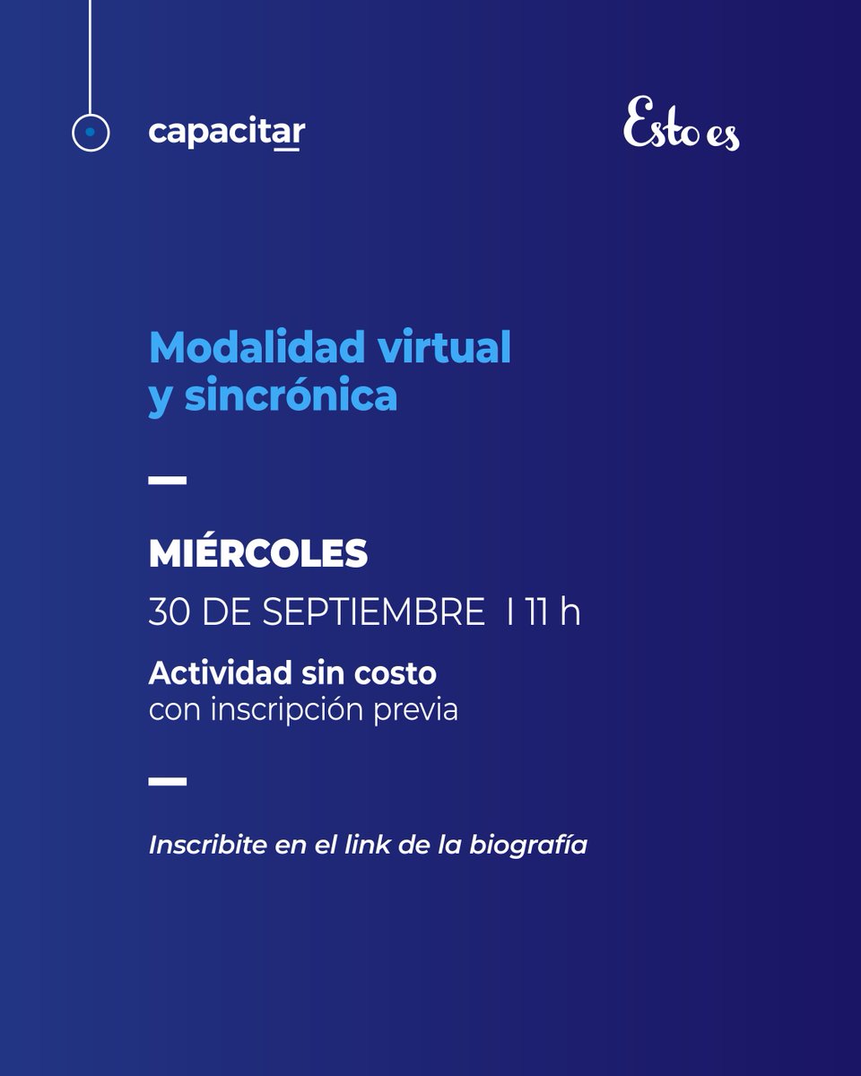 capacitar_'s tweet photo. ¿Querés convertir problemas reales en soluciones digitales útiles?
Sumate webinar de Capacitar junto a Esto Es.
30/9 | 11 h
Virtual, sincrónico y sin costo.
Inscribite acá https://t.co/VXE55UXB6d https://t.co/h55Yk0HMLT
