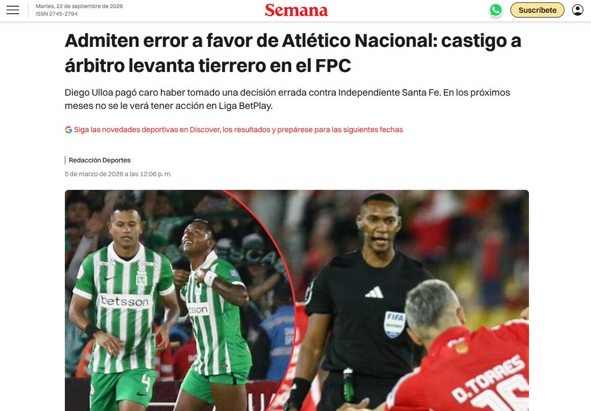 Millos_FC's tweet photo. Diego Ulloa, quien en febrero fue suspendido por la comisión arbitral tras anular un gol clárisimo a santafe vs Nacional, será el encargado de inclinar la cancha el jueves en el Atanasio vs Millonarios.

La orden está dada desde ya. Continúa la era James en el FPC. https://t.co/0lPzME6LEf