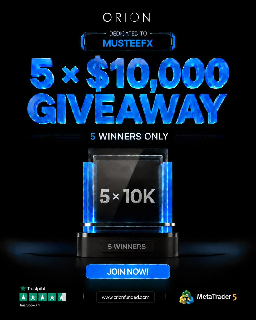 MUSTEE_FX1's tweet photo. 🔥 $50,000 ORION FUNDED GIVEAWAY! 🚨

We’re giving 5 traders a $10,000 funded account EACH! 💰🏆

🎯 HOW TO ENTER:
✅ Follow @OrionAffiliates
✅ Follow @orionfundedcom
✅ Follow @MUSTEE_FX1 
❤️ Like & Repost this post
👥 Tag 3 trading friends below

🏆 5 WINNERS — $10,000 EACH!
💰 $50,000 TOTAL IN FUNDED ACCOUNTS!

Don’t miss your chance to get funded! 🚀🔥

✅ Also Follow
@MeenalGFX | @Eurusd_killer 
@GOLDKILLERXA | @Mecizoofx 

Let’s make some noise, traders! 💙🚀