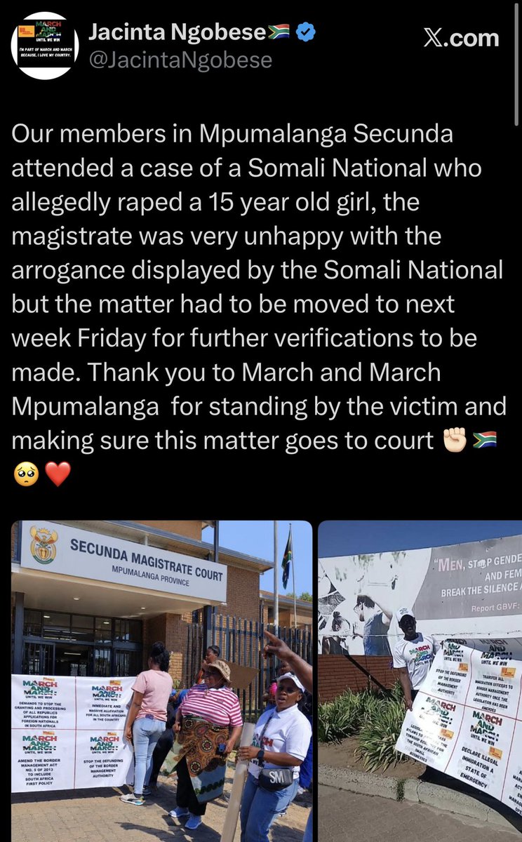 JacintaNgobese's tweet photo. Not too long ago I shared that a Somali had been taken to court for allegedly raping a 15year old! Our members were there to support the little girl and her family and today the Somali claimed that he didn’t do anything to the little girl, it’s the March and March that has targeted him because they hate foreigners and that was enough for the Judge to give them bail!! His documents have not even been verified but just like that they let him go back into the world to continue his ways‼️‼️ @CrimeWatch_RSA  You continue to fail the women of this country and this is disturbing!! How do you give bail to a rapist where a child has been harmed without as much as a verification of his status, address and knowing that he can leave the country? @GovernmentZA You are to blame for many women and girls not getting justice! What a cruel government