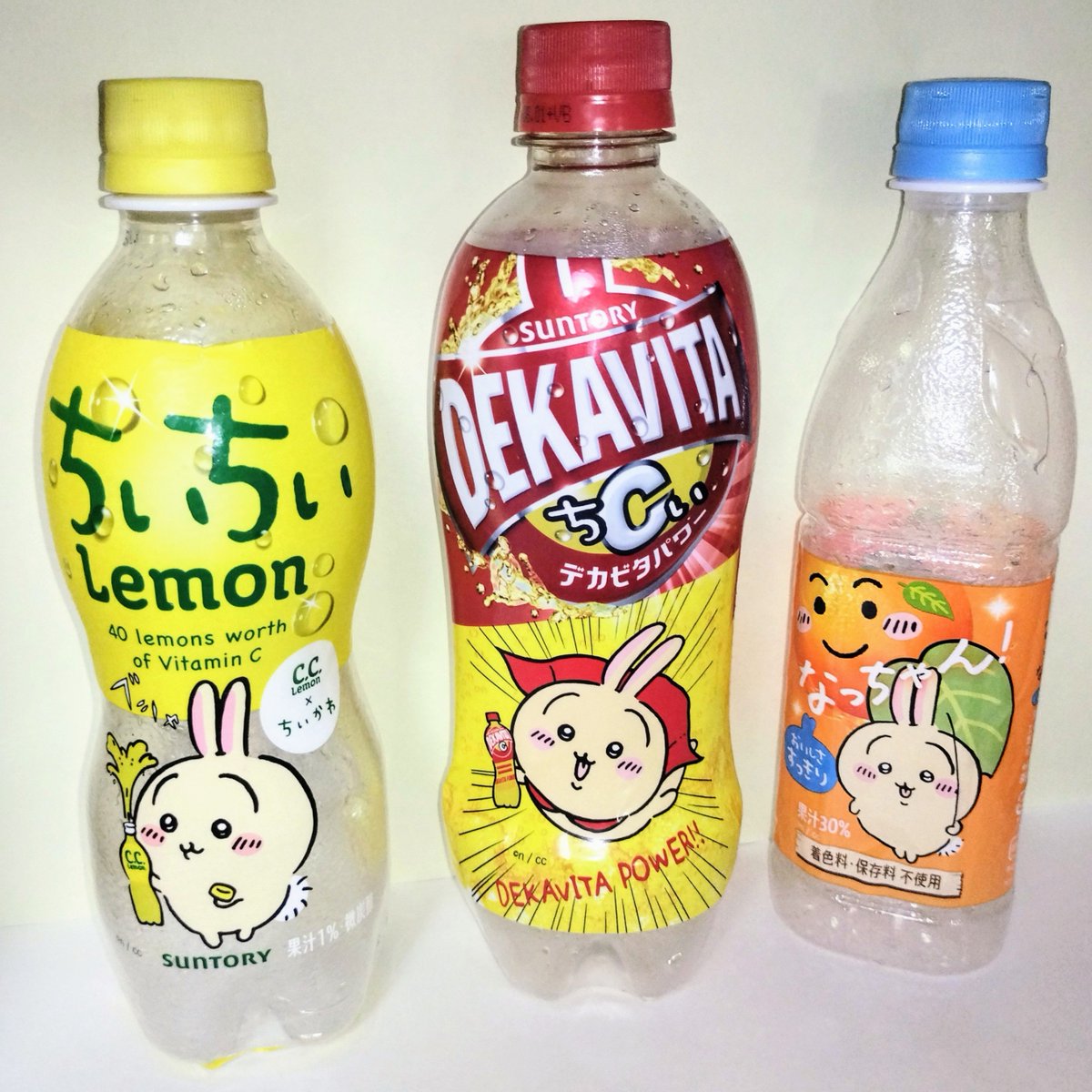 OtTuU's tweet photo. ちいかわ×サントリー…ずっと探してた、なっちゃんりんご買えた！画像2枚目は2年前の､､当時はデカビタもあった…モモンガいないので、うさぎのボトルを集めてます笑…#ちい活 https://t.co/5ec09SEQJ1