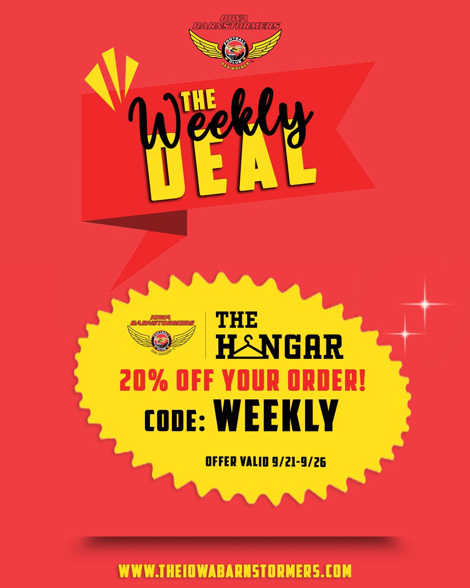 iabarnstormers's tweet photo. ✨Weekly Deal✨

Get 20% off your order at The Hangar with The Weekly Deal! Use code WEEKLY 

Offer valid 9/21 - 9/26 https://t.co/phrHzsW70u