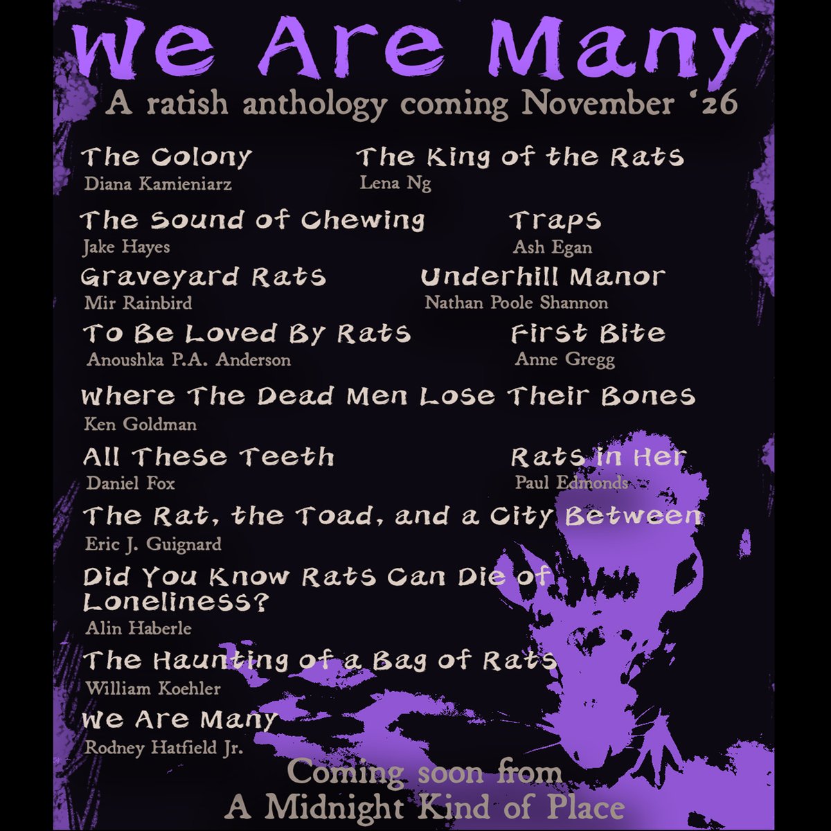 ericjguignard's tweet photo. Looking forward to being part of this upcoming anthology from publisher A Midnight Kind of Place (and editor Paul O'Neill)!: WE ARE MANY: A RATISH ANTHOLOGY https://t.co/1qLwnj1MeY