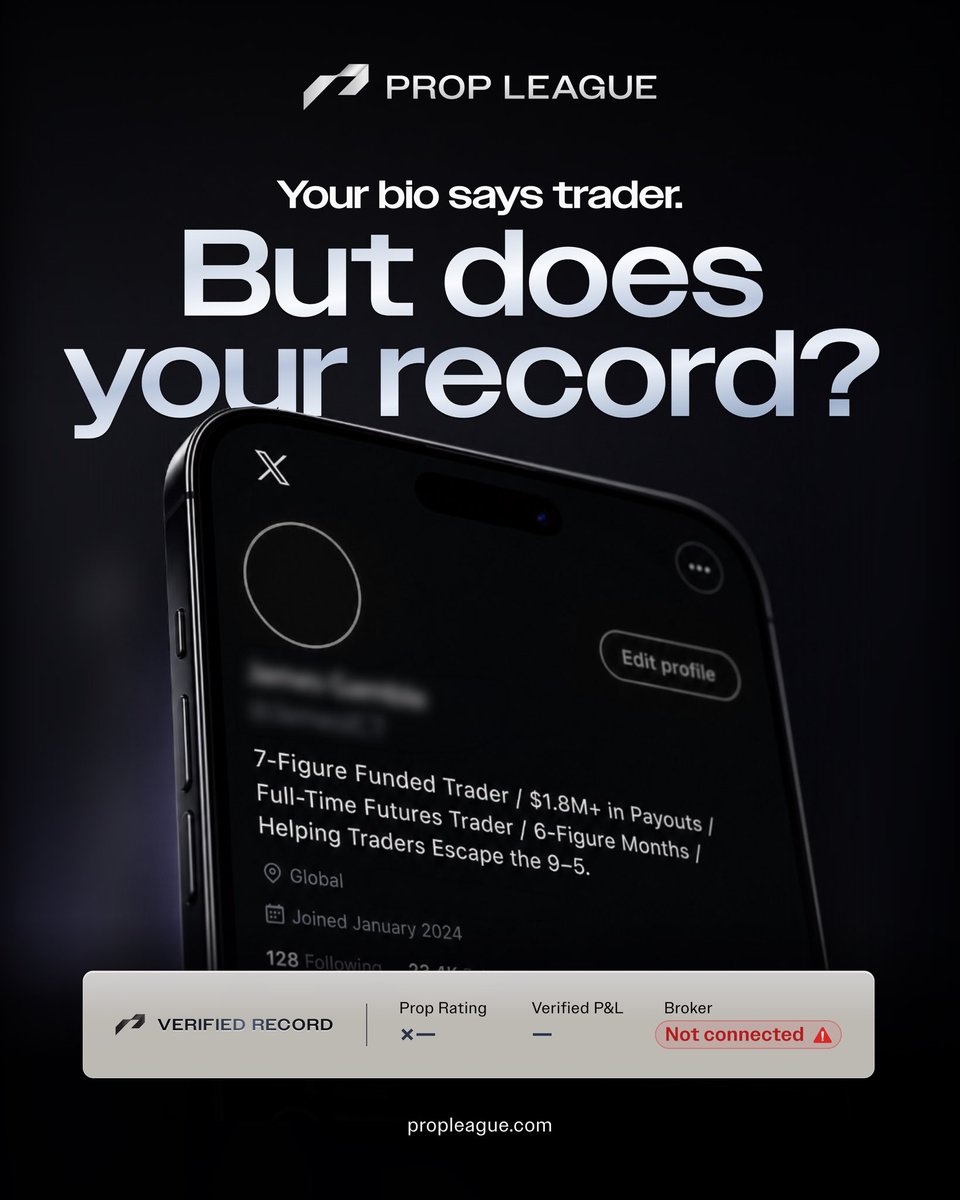 PropLeague's tweet photo. Think of it as the layer behind the trading bio.

Connect your accounts and Prop League can turn trading activity into a verified public record. https://t.co/ni5tFzkd0Q