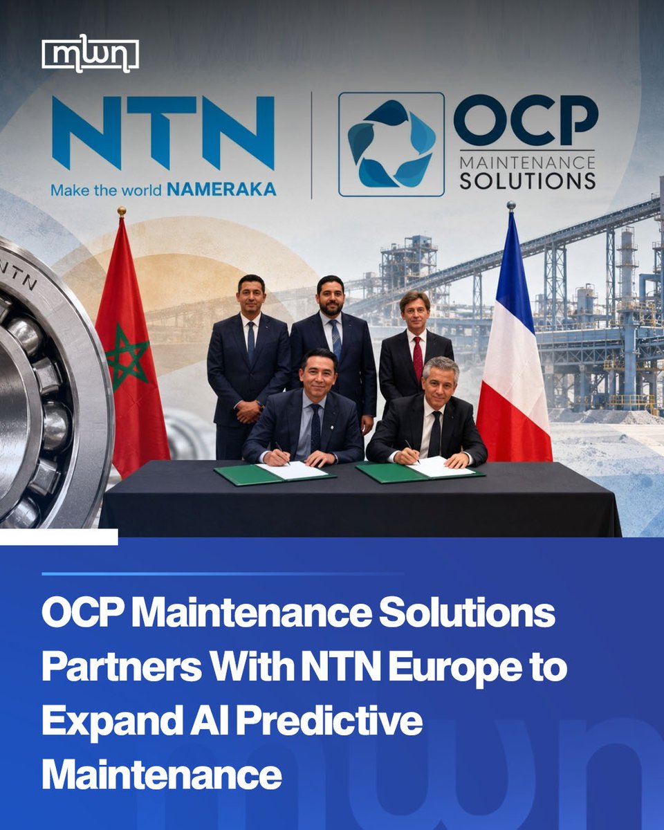 MoroccoWNews's tweet photo. OCP Maintenance Solutions, a subsidiary of Morocco’s @OCPGroup, has joined forces with @NTN_Europe to bring AI-powered predictive maintenance solutions to industrial companies across Europe.
The partnership, combines #OCP Maintenance Solutions’ expertise in artificial intelligence and industrial data with #NTN Europe’s knowledge of bearings, rotating equipment, and industrial diagnostics.
The two companies aim to help manufacturers detect equipment problems before they cause costly failures, improve maintenance planning, and protect production continuity.
The partnership will first focus on France before it expands to other European markets. The companies said the initial rollout will allow them to adapt the solution to local industrial needs before a wider deployment.
Under the partnership, NTN Europe will contribute its expertise through its #SNR brand, with a focus on bearings, rotating equipment, and equipment diagnostics.
OCP Maintenance Solutions will provide its proprietary i-Sense and i-Predict technologies, which use equipment data, vibration analysis, and artificial intelligence to identify signs of potential failure.
Read more: https://t.co/CJdSzCxlyd
#OCP #OCPGroup #OCPMaintenanceSolutions #NTNEurope #SNR #AI #IndustrialTechnology