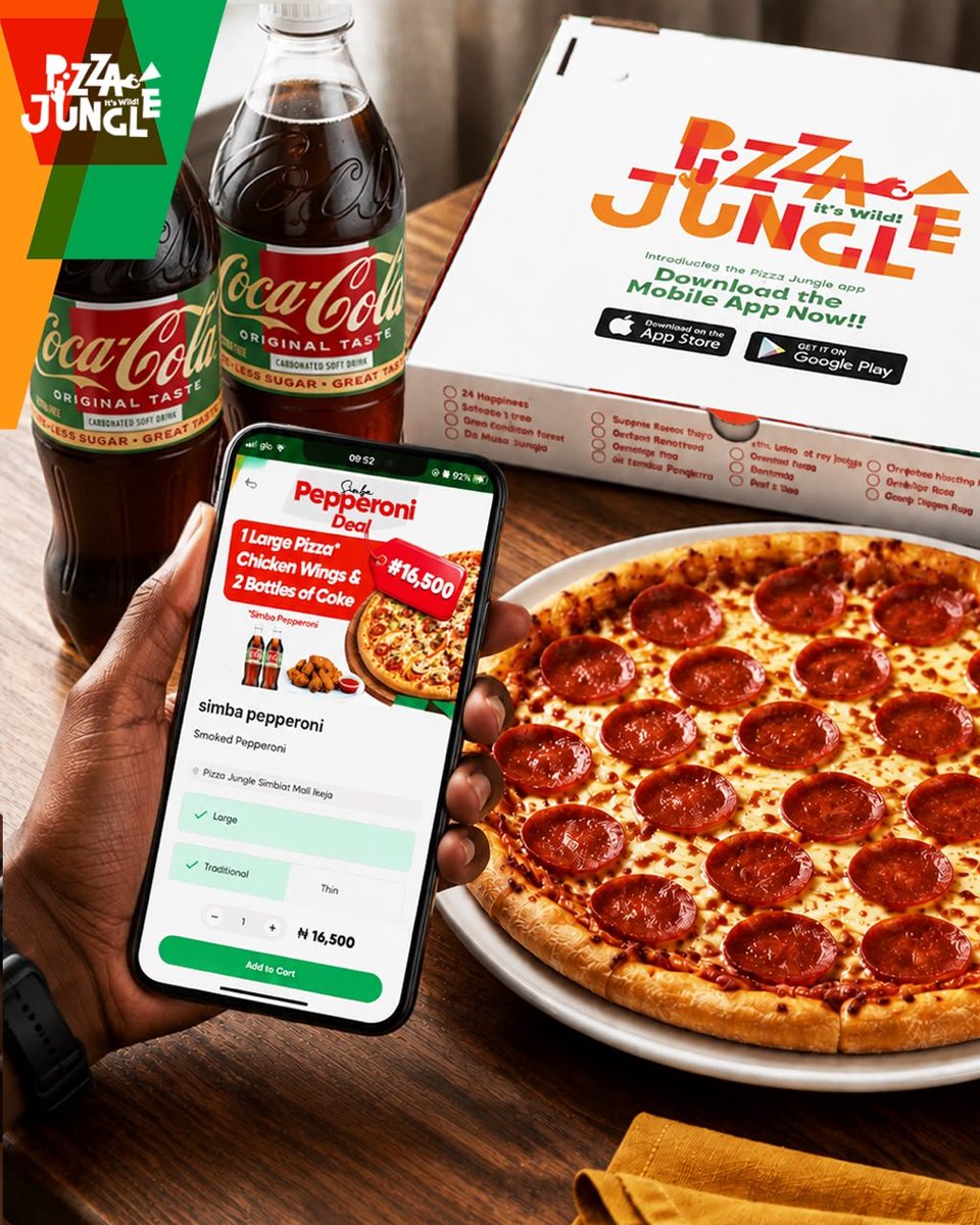 PizzaJungleNG's tweet photo. No long waka to get your favourite pizza. 

Just order from the Pizza Jungle app, available on the App Store and Play Store, or visit our website: https://t.co/RtD5RcvYQZ.

And don’t miss 10% OFF when you use the promo code JARUS at checkout.

#pizzajungle #promo https://t.co/Q91qNMgrzn