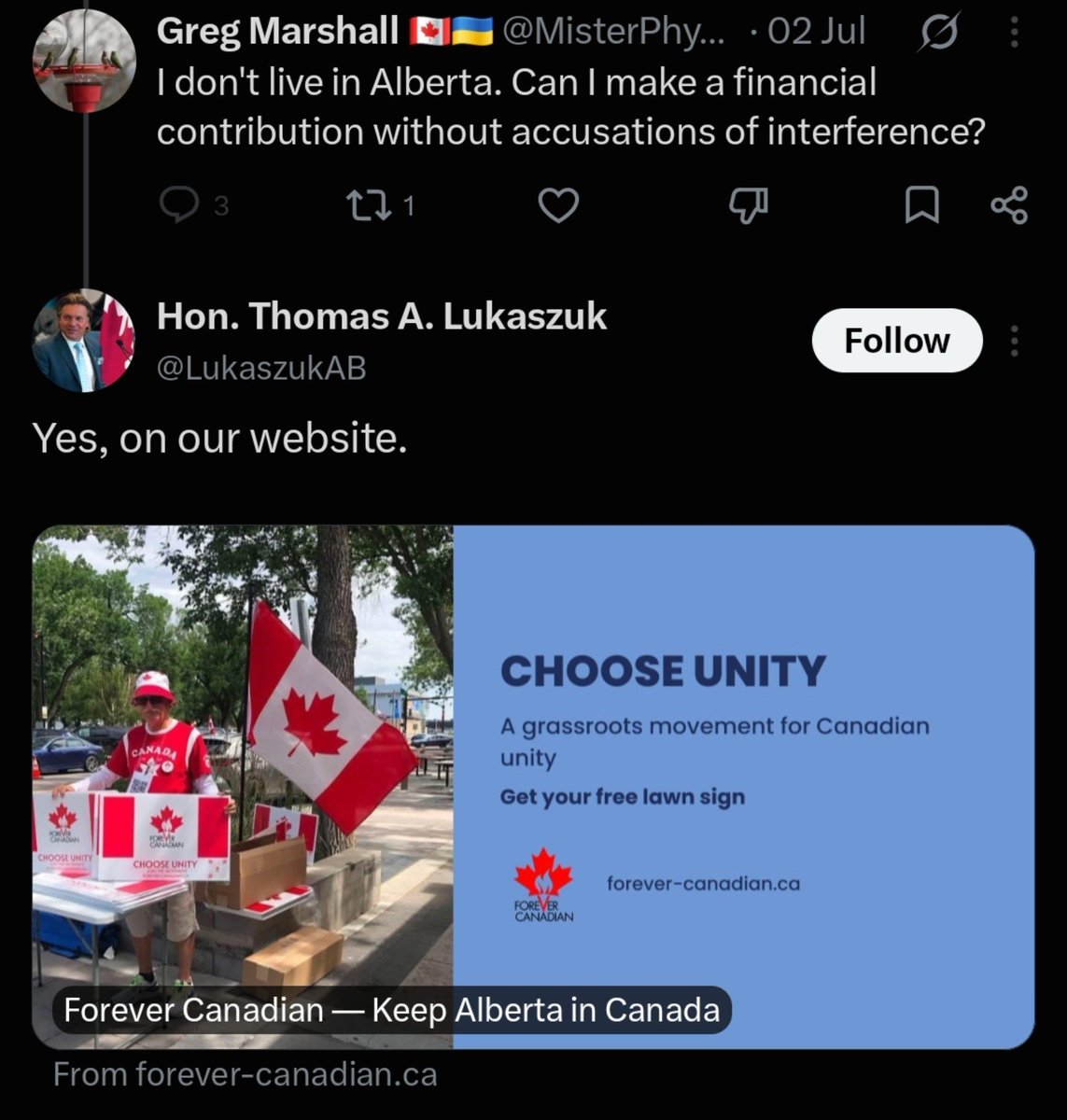 JasonLavigneAB's tweet photo. The problems with this late Lukaszuk disclosure are

1) His website say there are no limits

2) He solicited donations from outside Alberta

Both of these are illegal and violations of the financing rules.

P.S. Both the website and X post are still up and saying this even today. https://t.co/cqUjCr9JFc