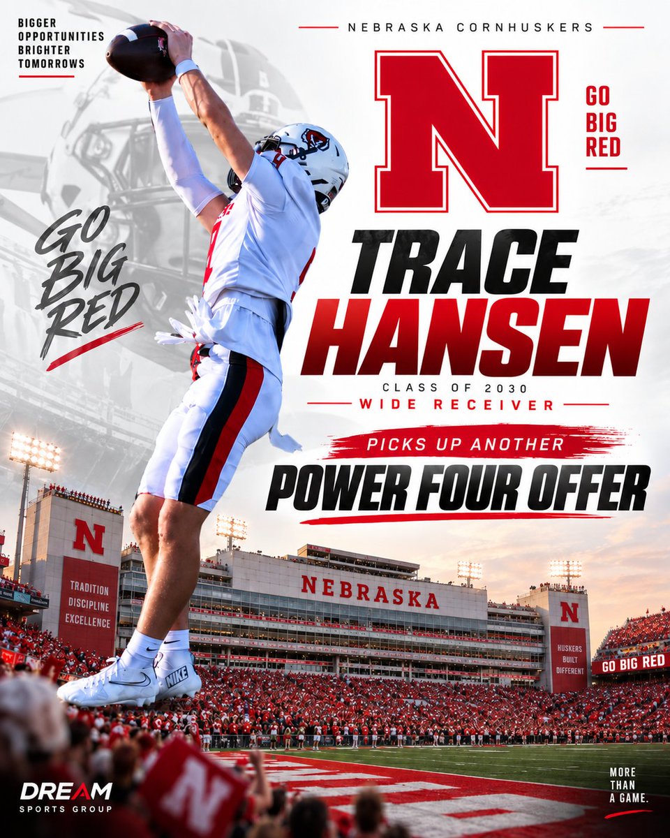 dreamallamerica's tweet photo. ANOTHER POWER FOUR OFFER FOR TRACE HANSEN! 

Dream All-American and National Radar Verified 5-Star prospect Trace Hansen, Class of 2030 wide receiver, continues to see his recruitment take off! Trace has picked up another major offer, this time from the University of Nebraska! 

Trace has continued to prove why he is considered one of the high-level young prospects in his class. His size, athleticism, hands, and playmaking ability have caught the attention of college programs, and the opportunities continue to grow.

Congratulations to Trace Hansen and his family on another huge accomplishment! The work continues, and we’re excited to watch his journey unfold.

Dream All-American
National Radar Verified 5-Star
Class of 2030 | Wide Receiver
University of Nebraska Offer

More than a game. It’s an opportunity.

@TraceHansen03