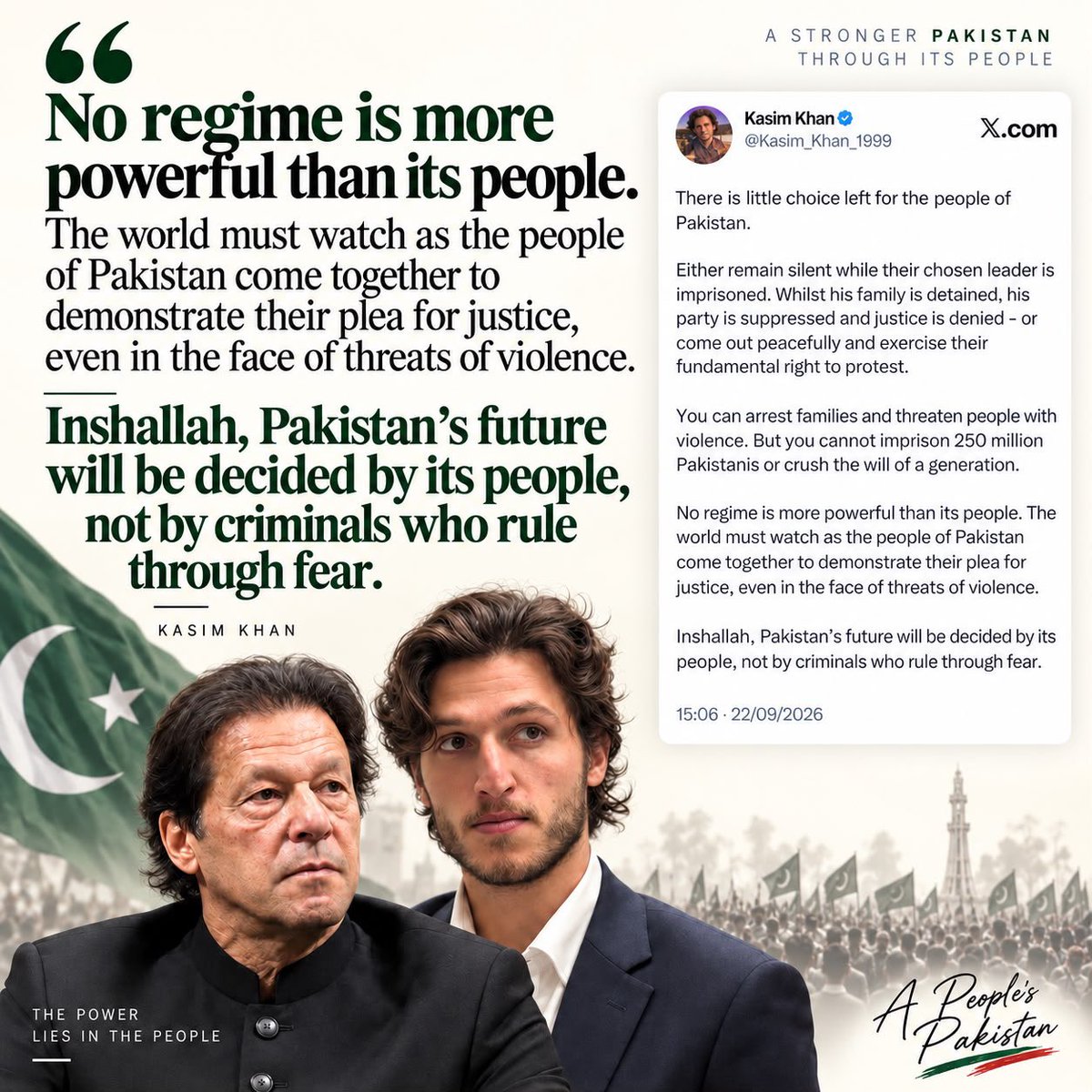 PTIofficial's tweet photo. “𝐓𝐡𝐞𝐫𝐞 𝐢𝐬 𝐥𝐢𝐭𝐭𝐥𝐞 𝐜𝐡𝐨𝐢𝐜𝐞 𝐥𝐞𝐟𝐭 𝐟𝐨𝐫 𝐭𝐡𝐞 𝐩𝐞𝐨𝐩𝐥𝐞 𝐨𝐟 𝐏𝐚𝐤𝐢𝐬𝐭𝐚𝐧.

𝐄𝐢𝐭𝐡𝐞𝐫 𝐫𝐞𝐦𝐚𝐢𝐧 𝐬𝐢𝐥𝐞𝐧𝐭 𝐰𝐡𝐢𝐥𝐞 𝐭𝐡𝐞𝐢𝐫 𝐜𝐡𝐨𝐬𝐞𝐧 𝐥𝐞𝐚𝐝𝐞𝐫 𝐢𝐬 𝐢𝐦𝐩𝐫𝐢𝐬𝐨𝐧𝐞𝐝. 𝐖𝐡𝐢𝐥𝐬𝐭 𝐡𝐢𝐬 𝐟𝐚𝐦𝐢𝐥𝐲 𝐢𝐬 𝐝𝐞𝐭𝐚𝐢𝐧𝐞𝐝, 𝐡𝐢𝐬 𝐩𝐚𝐫𝐭𝐲 𝐢𝐬 𝐬𝐮𝐩𝐩𝐫𝐞𝐬𝐬𝐞𝐝 𝐚𝐧𝐝 𝐣𝐮𝐬𝐭𝐢𝐜𝐞 𝐢𝐬 𝐝𝐞𝐧𝐢𝐞𝐝 - 𝐨𝐫 𝐜𝐨𝐦𝐞 𝐨𝐮𝐭 𝐩𝐞𝐚𝐜𝐞𝐟𝐮𝐥𝐥𝐲 𝐚𝐧𝐝 𝐞𝐱𝐞𝐫𝐜𝐢𝐬𝐞 𝐭𝐡𝐞𝐢𝐫 𝐟𝐮𝐧𝐝𝐚𝐦𝐞𝐧𝐭𝐚𝐥 𝐫𝐢𝐠𝐡𝐭 𝐭𝐨 𝐩𝐫𝐨𝐭𝐞𝐬𝐭.

𝐘𝐨𝐮 𝐜𝐚𝐧 𝐚𝐫𝐫𝐞𝐬𝐭 𝐟𝐚𝐦𝐢𝐥𝐢𝐞𝐬 𝐚𝐧𝐝 𝐭𝐡𝐫𝐞𝐚𝐭𝐞𝐧 𝐩𝐞𝐨𝐩𝐥𝐞 𝐰𝐢𝐭𝐡 𝐯𝐢𝐨𝐥𝐞𝐧𝐜𝐞. 𝐁𝐮𝐭 𝐲𝐨𝐮 𝐜𝐚𝐧𝐧𝐨𝐭 𝐢𝐦𝐩𝐫𝐢𝐬𝐨𝐧 𝟐𝟓𝟎 𝐦𝐢𝐥𝐥𝐢𝐨𝐧 𝐏𝐚𝐤𝐢𝐬𝐭𝐚𝐧𝐢𝐬 𝐨𝐫 𝐜𝐫𝐮𝐬𝐡 𝐭𝐡𝐞 𝐰𝐢𝐥𝐥 𝐨𝐟 𝐚 𝐠𝐞𝐧𝐞𝐫𝐚𝐭𝐢𝐨𝐧. 

𝐍𝐨 𝐫𝐞𝐠𝐢𝐦𝐞 𝐢𝐬 𝐦𝐨𝐫𝐞 𝐩𝐨𝐰𝐞𝐫𝐟𝐮𝐥 𝐭𝐡𝐚𝐧 𝐢𝐭𝐬 𝐩𝐞𝐨𝐩𝐥𝐞. 𝐓𝐡𝐞 𝐰𝐨𝐫𝐥𝐝 𝐦𝐮𝐬𝐭 𝐰𝐚𝐭𝐜𝐡 𝐚𝐬 𝐭𝐡𝐞 𝐩𝐞𝐨𝐩𝐥𝐞 𝐨𝐟 𝐏𝐚𝐤𝐢𝐬𝐭𝐚𝐧 𝐜𝐨𝐦𝐞 𝐭𝐨𝐠𝐞𝐭𝐡𝐞𝐫 𝐭𝐨 𝐝𝐞𝐦𝐨𝐧𝐬𝐭𝐫𝐚𝐭𝐞 𝐭𝐡𝐞𝐢𝐫 𝐩𝐥𝐞𝐚 𝐟𝐨𝐫 𝐣𝐮𝐬𝐭𝐢𝐜𝐞, 𝐞𝐯𝐞𝐧 𝐢𝐧 𝐭𝐡𝐞 𝐟𝐚𝐜𝐞 𝐨𝐟 𝐭𝐡𝐫𝐞𝐚𝐭𝐬 𝐨𝐟 𝐯𝐢𝐨𝐥𝐞𝐧𝐜𝐞.

𝐈𝐧𝐬𝐡𝐚𝐥𝐥𝐚𝐡, 𝐏𝐚𝐤𝐢𝐬𝐭𝐚𝐧’𝐬 𝐟𝐮𝐭𝐮𝐫𝐞 𝐰𝐢𝐥𝐥 𝐛𝐞 𝐝𝐞𝐜𝐢𝐝𝐞𝐝 𝐛𝐲 𝐢𝐭𝐬 𝐩𝐞𝐨𝐩𝐥𝐞, 𝐧𝐨𝐭 𝐛𝐲 𝐜𝐫𝐢𝐦𝐢𝐧𝐚𝐥𝐬 𝐰𝐡𝐨 𝐫𝐮𝐥𝐞 𝐭𝐡𝐫𝐨𝐮𝐠𝐡 𝐟𝐞𝐚𝐫.”
- @Kasim_Khan_1999 

#مزاحمت_سے_ملے_گی_آزادی