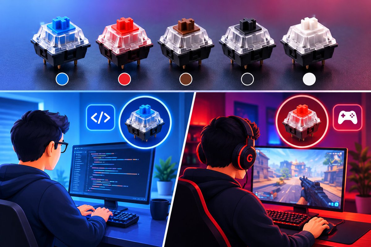 CodeWithEhsan's tweet photo. 🟣 #Mechanical_keyboard switches come in different types, usually categorized by color.
For example, blue 🟦 is often preferred by developers and red 🟥 by gamers.
#developer #programmer #gamer #gaming https://t.co/aX4wVTtYnK