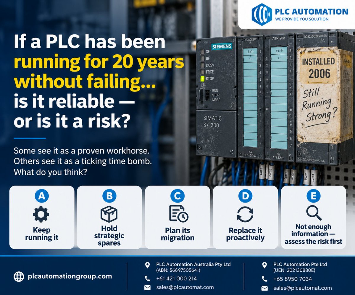 plcautomation_'s tweet photo. A PLC has been running for 20 years without failing.

Is that proof of reliability… or a risk hiding in plain sight?

A) Keep running it
B) Hold strategic spares
C) Plan migration
D) Replace proactively
E) Assess the risk first
Age alone doesn’t answer the question.
#PLC https://t.co/m5GPR1Bp1x